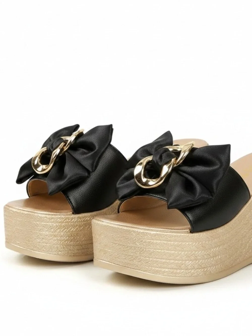 Gold Chain Oversized Bow Platform Open Toe Shoes Slip On Coquette Sandals Black